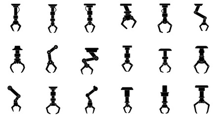 Collection of Diverse Industrial Robot Gripper Designs for Automation and Manufacturing Applications Featuring Mechanical Claws and Robotic Arms