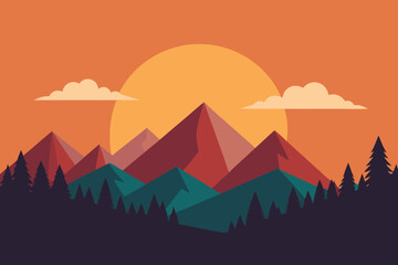 Sunset Mountain Landscape Minimalist Vector Art