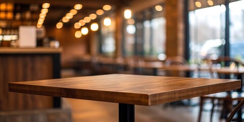 A rustic wooden table in a blurred restaurant setting offers a warm and inviting backdrop for dining