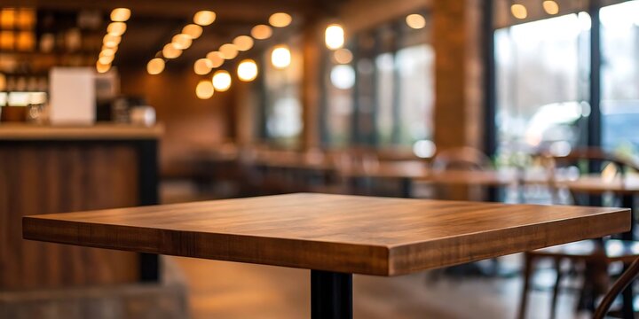 A rustic wooden table in a blurred restaurant setting offers a warm and inviting backdrop for dining