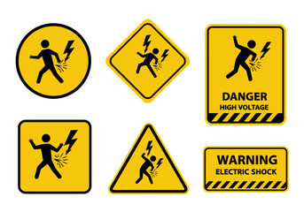 Illustrations of various electrical hazard warning signs depicting people receiving electric shocks from lightning bolts and high voltage sources signifying danger and caution