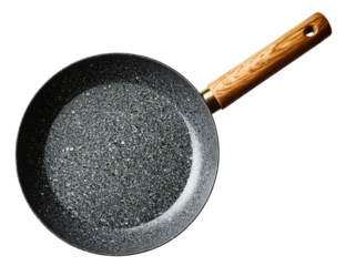 Empty gray speckled frying pan with wooden handle