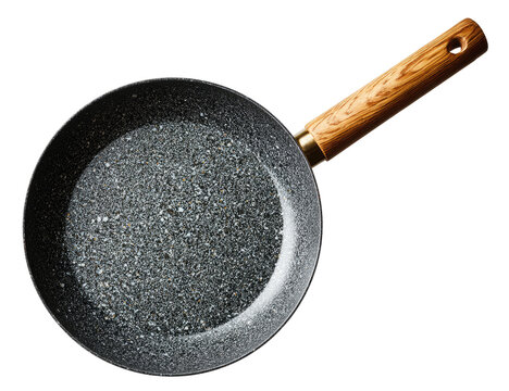 Empty gray speckled frying pan with wooden handle
