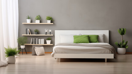 Naklejka premium modern bedroom with shelves and plants