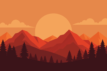 Sunset Mountain Landscape Vector Illustration, Forest Trees, Orange Sky, Nature Scene