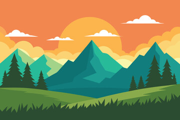 Flat Vector Mountain Landscape: Sunset, Trees, Nature Background Illustration