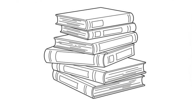 A stack of six hardcover books, rendered in black and white, neatly arranged.
