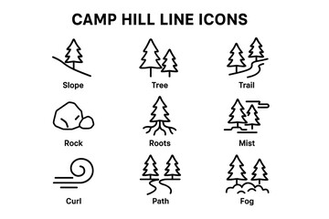 Naklejka premium Camp hill line icons: slope, tree, trail, rock, roots, mist, curl, path, fog