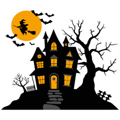 Spooky Haunted House with Witch and Bats at Night