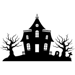 Spooky Haunted House Silhouette with Bare Trees and Tombstone