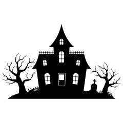Spooky Haunted House Silhouette with Bare Trees and Tombstone