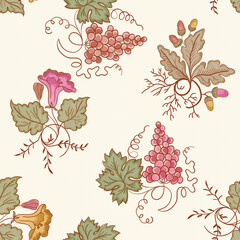 Retro Botanical Seamless Pattern – Grapevines, Acorns, and Florals in Earth Tones