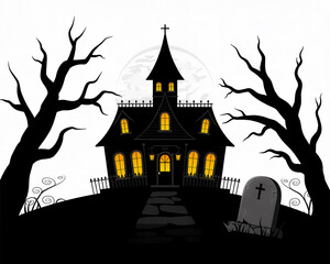 Spooky Haunted House Silhouette with Bare Trees and Tombstone