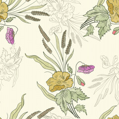 Rustic Wildflower and Wheat Pattern – Hand-Drawn Botanical Illustration