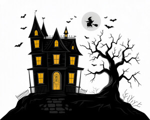 Spooky Haunted House with Witch and Bats at Night