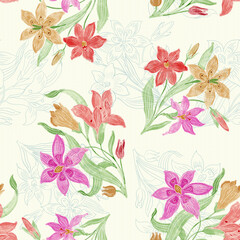 Watercolor Lily Flower Seamless Pattern – Colorful Spring Floral Design