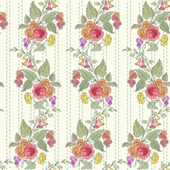 Striped Floral Bouquet Pattern – Hand-Drawn Vintage Flowers with Vertical Lines