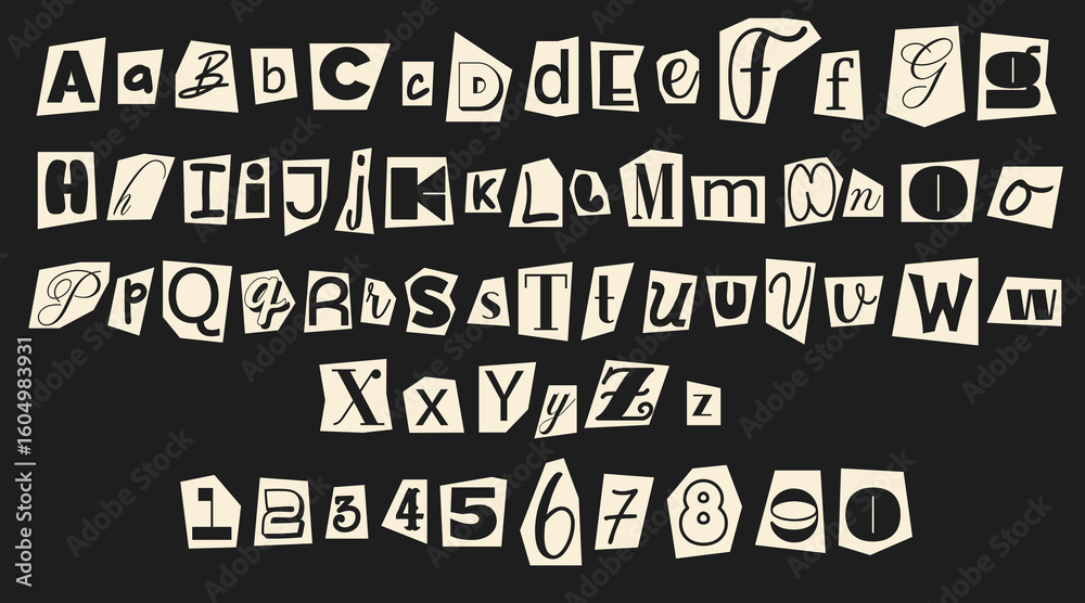 Fototapete set of monochrome anonymous font. magazine cutout alphabet. cuts from newspaper. letters on pieces o