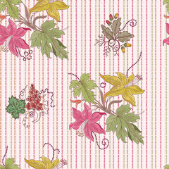 Elegant Floral and Botanical Stripe Pattern – Grapes and Lilies on Decorative Background