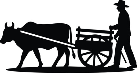 Fototapeta premium Silhouette farmer guiding ox cart rural transportation vector illustration