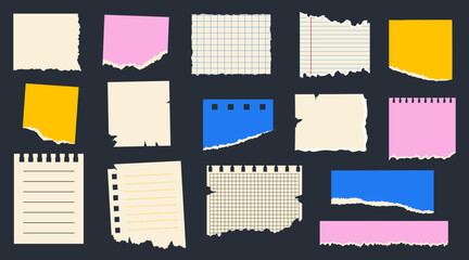 Set of colored torn or ripped paper sheet. Scrapbook edge, notebook tear, blank page split, stickers. Trendy elements for collage. Vector contemporary illustration. 