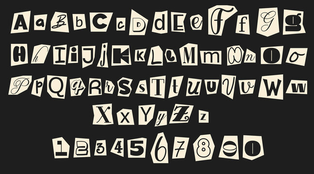 Set of monochrome anonymous font. Magazine cutout alphabet. Cuts from newspaper. Letters on pieces of paper in black and white colors. Retro grunge criminal alphabet set. For anonymous message
