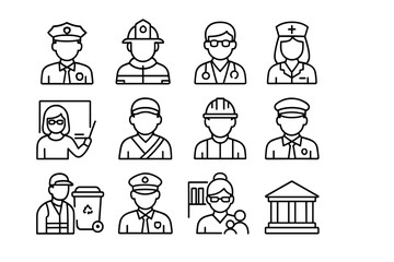 Outline icons of diverse professions including police, firefighter, doctor, teacher, and more