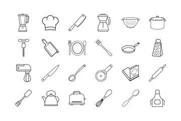Kitchen Tools & Appliances Vector Icon Set: Blender, Chef Hat, Knife, Coffee Maker, Grater, Frying Pan, Rolling Pin, Toaster, Whisk, Spoon, Fork, Plate, and More. Editable Line Vector Icons. 