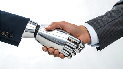 Human hand shaking a futuristic robot hand in a business agreement