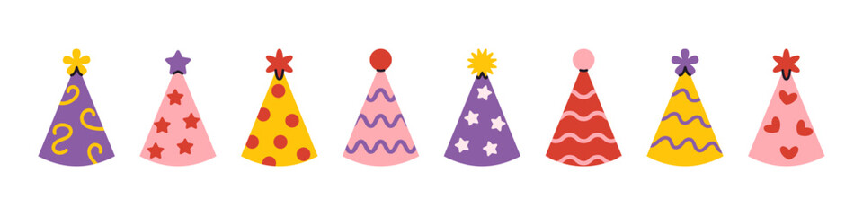 Vector colorful party hat set in flat cartoon style. Cute cone caps collections for birthday, celebration, or holiday design. Fun festive elements for greeting cards, clipart, or invitations.