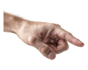 A caucasian hand with the index finger extended pointing to the right on a black background space for text on transparent background