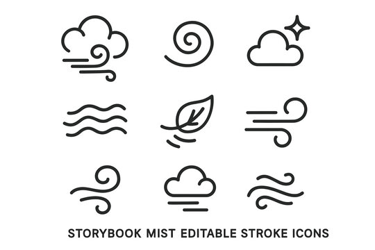 Minimalist wind and weather icon set with clouds and leaves