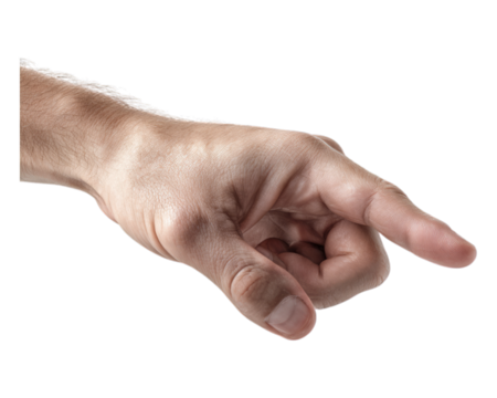 A caucasian hand with the index finger extended pointing to the right on a black background space for text on transparent background