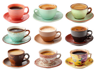Coffee cups display creating a warm atmosphere in photography. Isolated on transparent background, png.