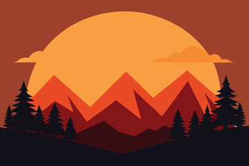 Sunset Mountain Landscape Vector Illustration: Nature Scene with Trees and Mountains