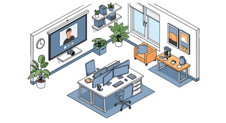 Modern office setup with multiple monitors, video call display, and comfortable seating creates a productive remote work environment