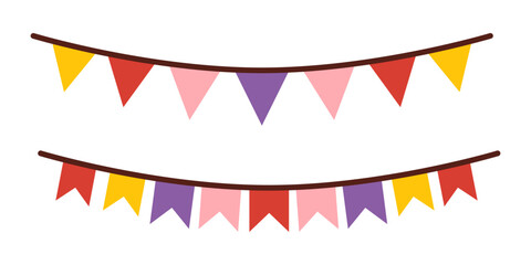 Fototapeta premium Vector flat collection of festive flags and buntings in doodle cartoon style. Cute isolated set for birthday, party, celebration, or cheerful decoration.