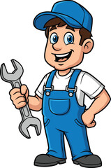 Cartoon mechanic with wrench wearing blue cap and overalls, white t-shirt, smiling handyman character, cad drawing flat vector illustration designCartoon mechanic with wrench wearing blue 
