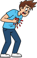 Cartoon character clutching bleeding chest in pain, brown hair, blue shirt, dramatic injury scene, cad drawing flat vector illustration style