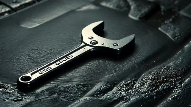 Close-up of a metallic adjustable wrench resting on a textured, dark surface with subtle lighting
