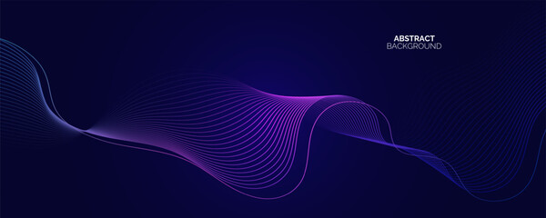 Dark abstract background with glowing wave. Shiny moving lines design element. Modern purple blue gradient flowing wave lines.
