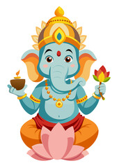 Cute cartoon ganesha sitting on a lotus flower holding a diya and a lotus bloom