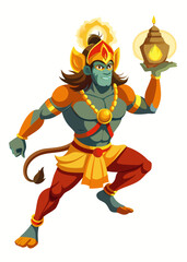 Obraz premium Powerful hindu deity hanuman holding a glowing oil lamp in a dynamic pose