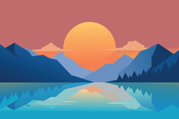Flat design landscape with a vibrant sun setting behind mountains and lake reflection.
