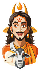 Illustration of a hindu deity with a goat and sheep symbolizing sacrifice and devotion