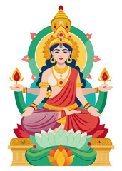 Beautiful illustration of goddess lakshmi seated on a lotus with multiple arms holding lamps