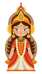 Cute cartoon illustration of a hindu goddess in traditional indian attire