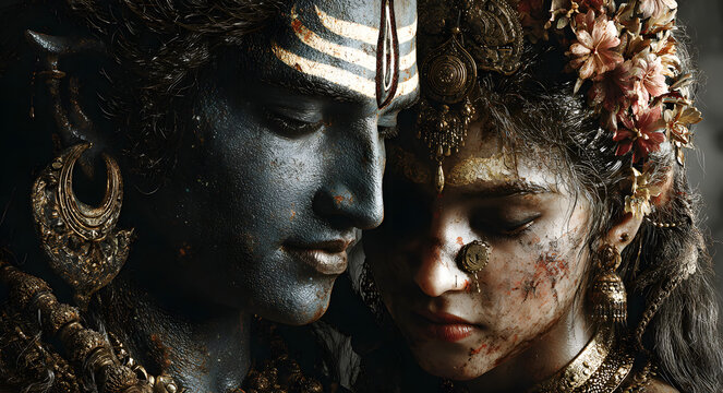 beautiful portrait of Hindu religion god Shiva or shiv with goddess Parvati