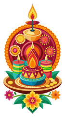 Decorative arrangement of illuminated diyas and candles with flowers for diwali celebration