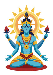 Stylized illustration of a blue skinned hindu deity with multiple arms holding torches